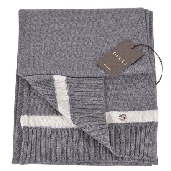 Gucci 544630 Grey White Wool Web Stripe GG Scarf - Picture 1 of 9